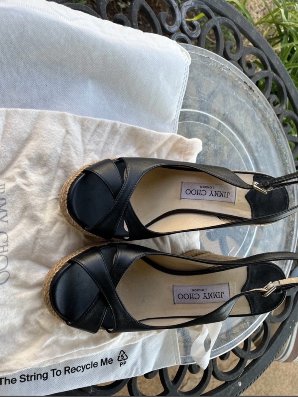 Jimmy Choo Black Leather Espadrille Wedge Sandals with Ankle Strap